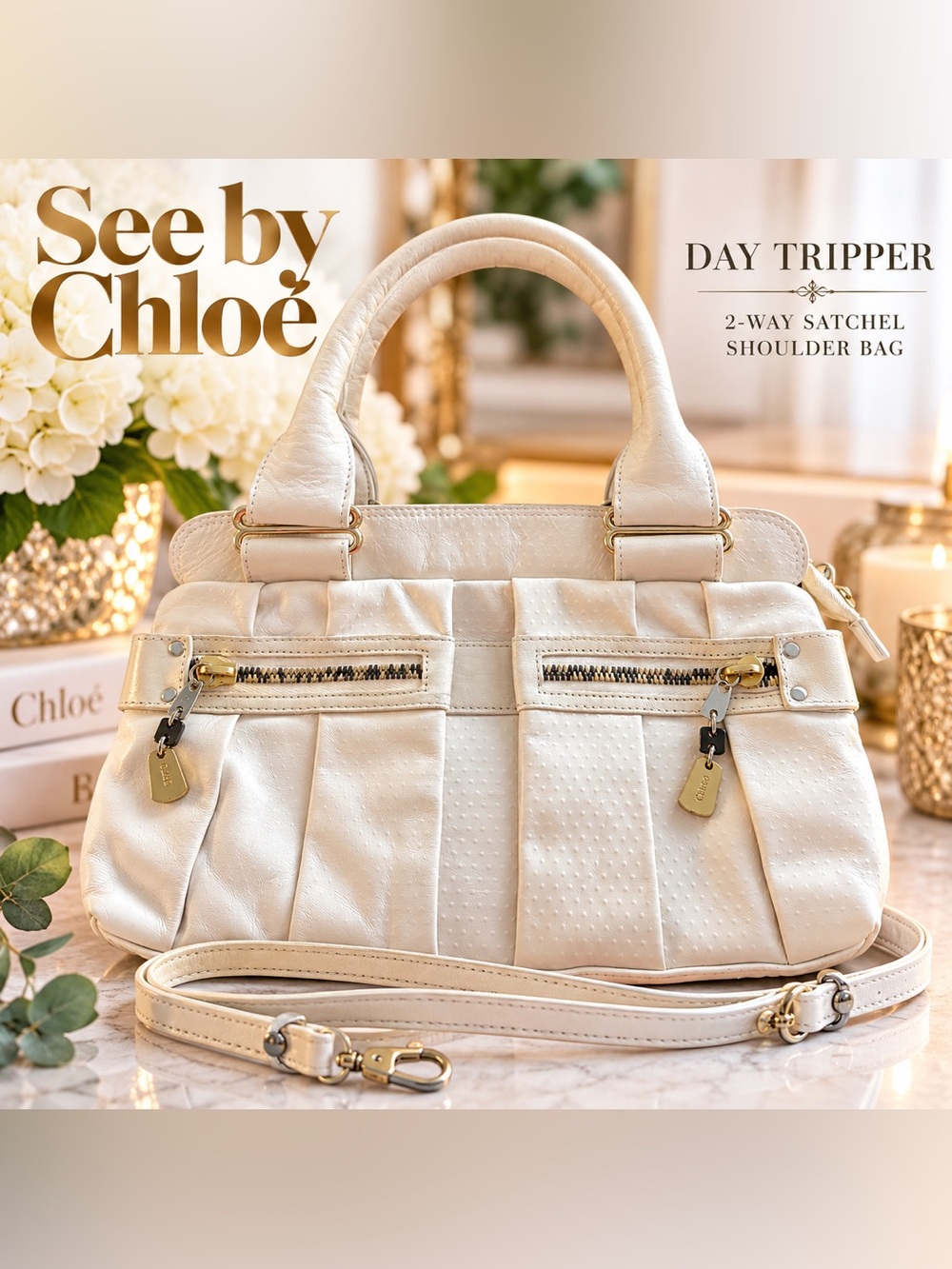 See by Chloé Day Tripper 9S7005 White Leather 2-Way Satchel Shoulder Bag